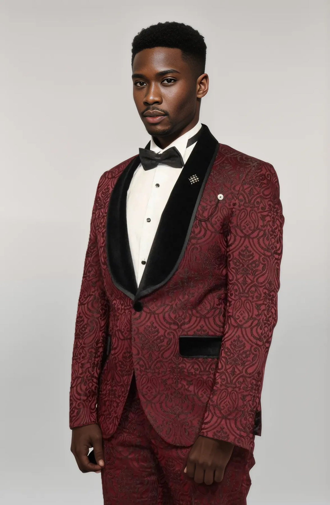 2 Piece Damask Patterned Velvet Shawl Collar Burgundy Men's Tuxedo Suit - Wessi