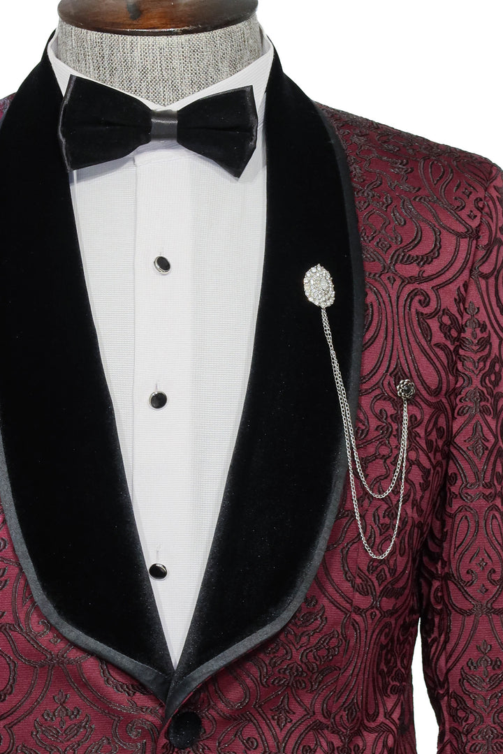 2 Piece Damask Patterned Velvet Shawl Collar Burgundy Men's Tuxedo Suit - Wessi