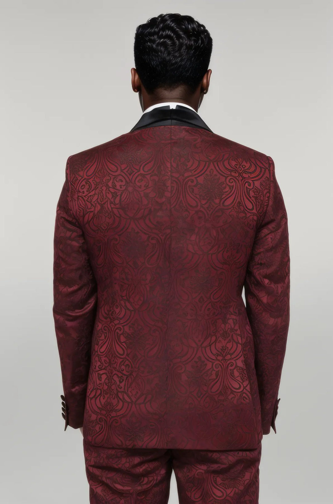 2 Piece Damask Patterned Velvet Shawl Collar Burgundy Men's Tuxedo Suit - Wessi