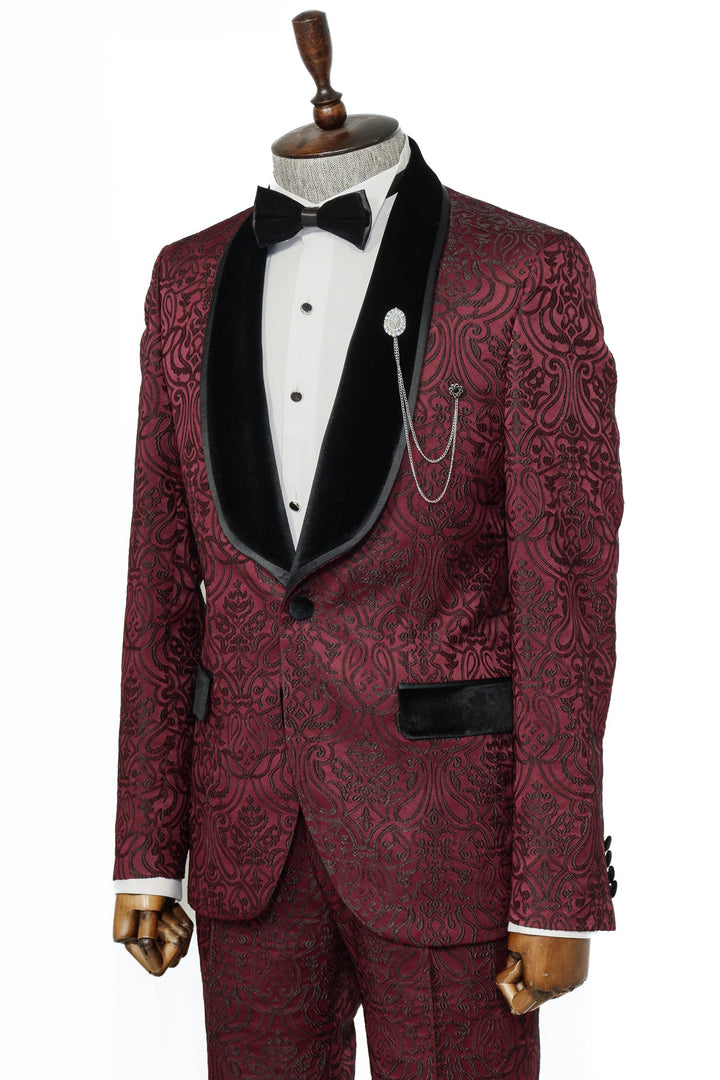 2 Piece Damask Patterned Velvet Shawl Collar Burgundy Men's Tuxedo Suit - Wessi