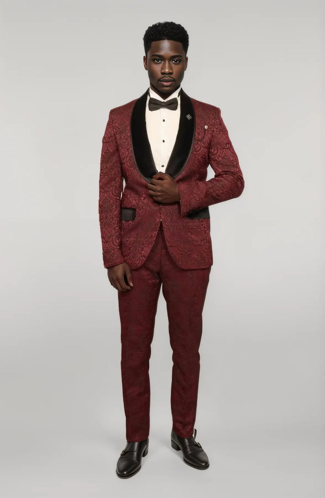 2 Piece Damask Patterned Velvet Shawl Collar Burgundy Men's Tuxedo Suit - Wessi