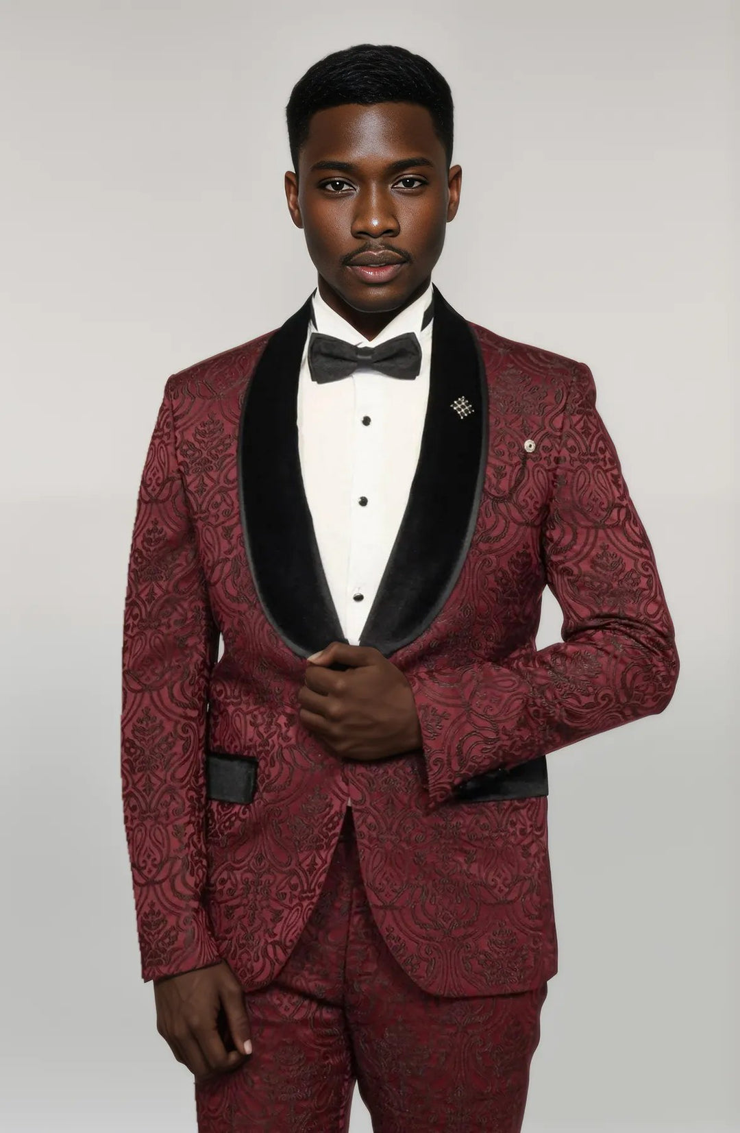 2 Piece Damask Patterned Velvet Shawl Collar Burgundy Men's Tuxedo Suit - Wessi