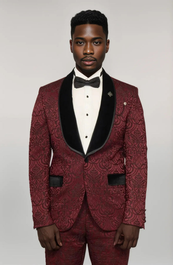 2 Piece Damask Patterned Velvet Shawl Collar Burgundy Men's Tuxedo Suit - Wessi