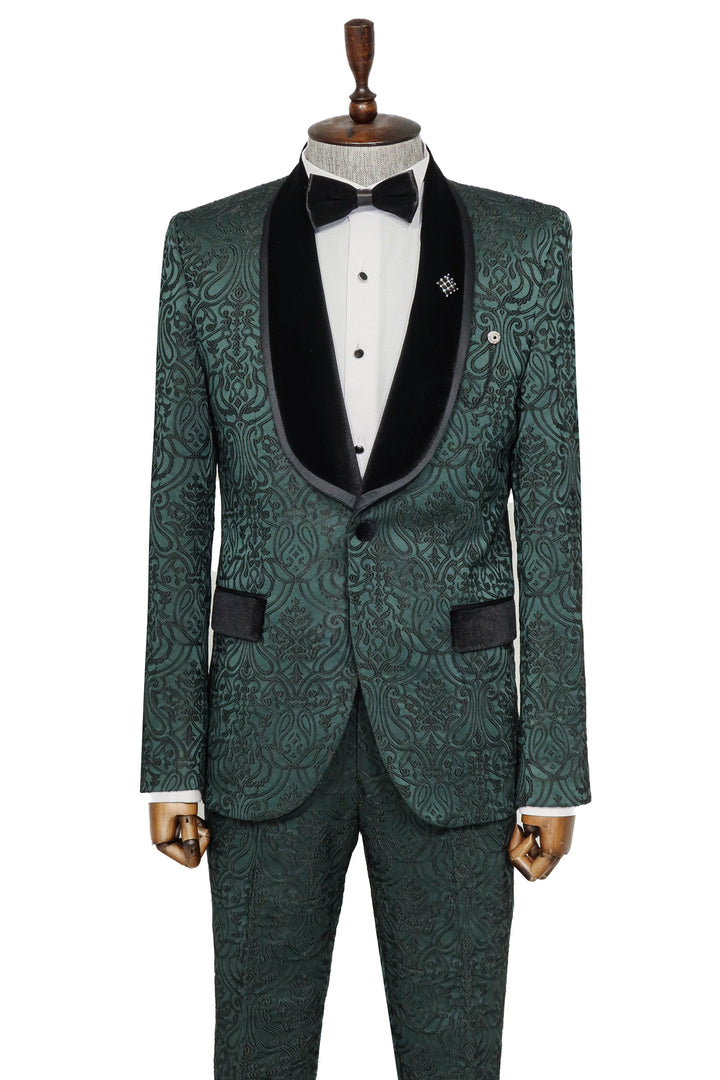 2 Piece Damask Patterned Velvet Shawl Collar Emerald Green Men's Tuxedo Suit - Wessi