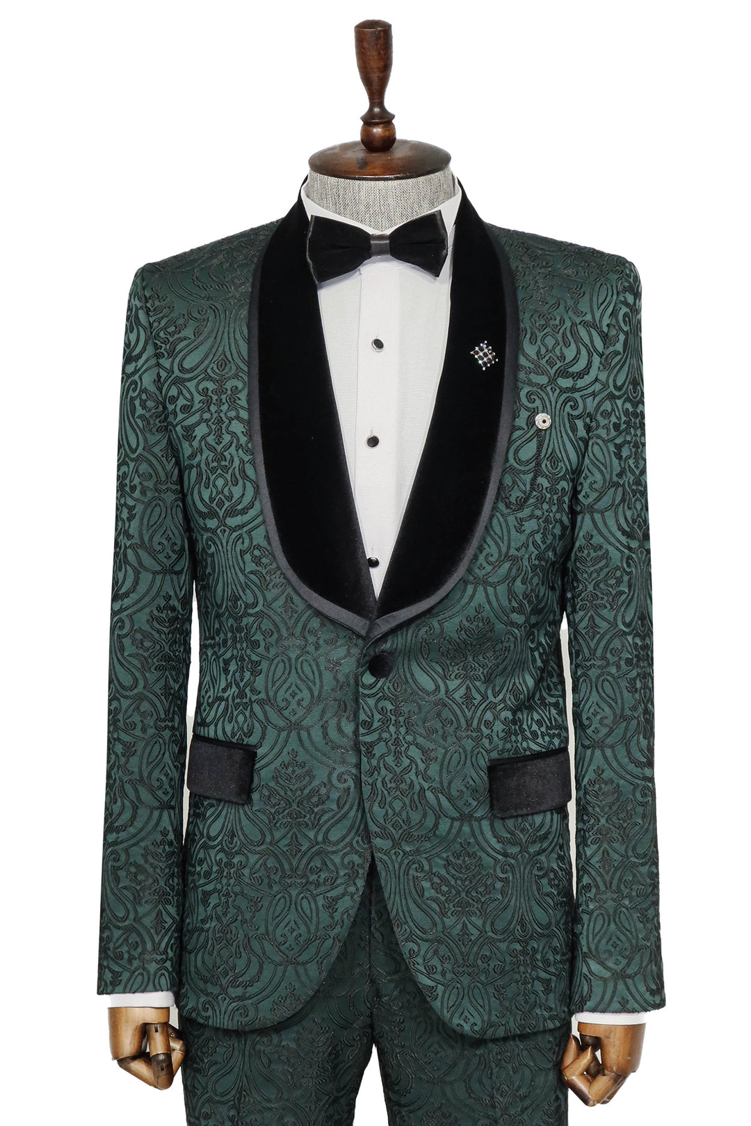 2 Piece Damask Patterned Velvet Shawl Collar Emerald Green Men's Tuxedo Suit - Wessi