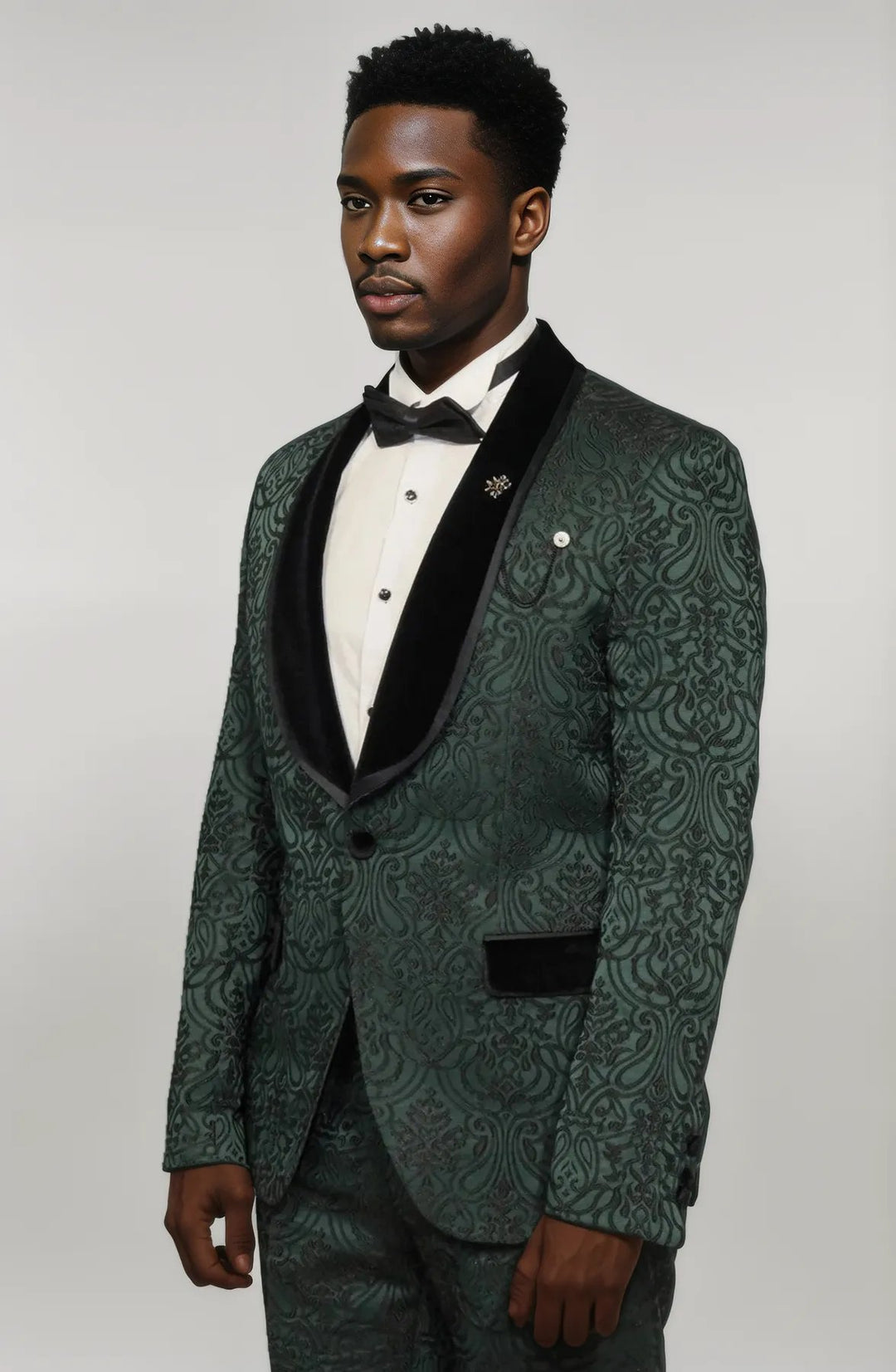 2 Piece Damask Patterned Velvet Shawl Collar Emerald Green Men's Tuxedo Suit - Wessi