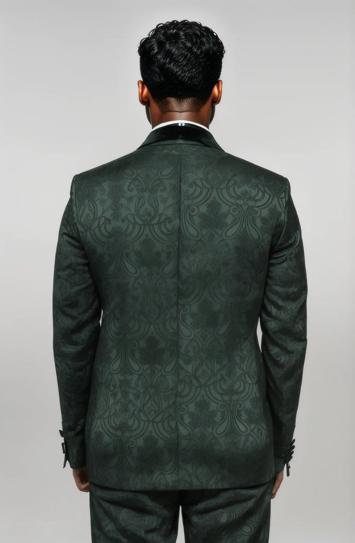 2 Piece Damask Patterned Velvet Shawl Collar Emerald Green Men's Tuxedo Suit - Wessi