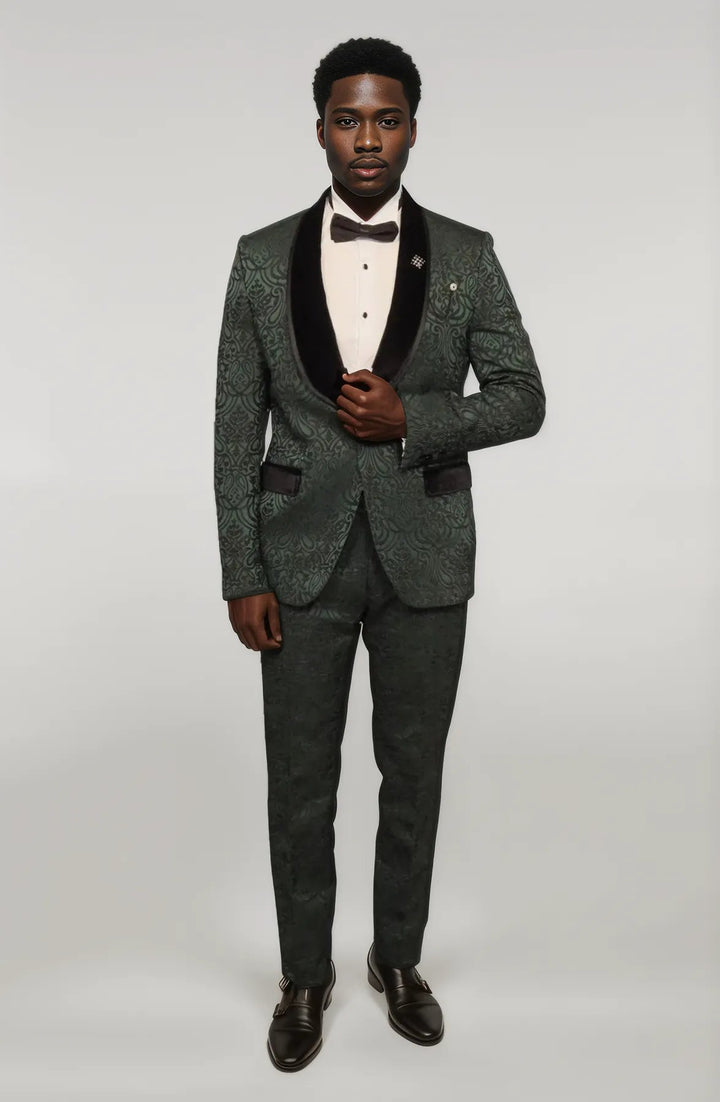 2 Piece Damask Patterned Velvet Shawl Collar Emerald Green Men's Tuxedo Suit - Wessi