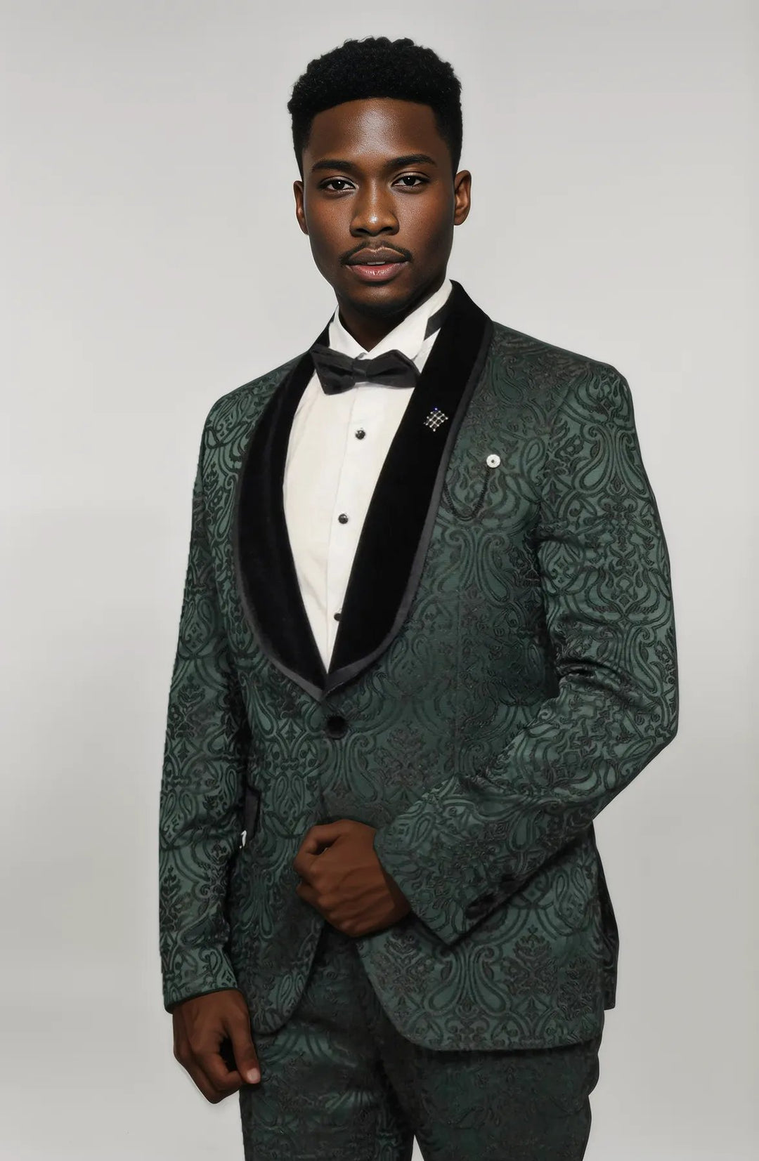 2 Piece Damask Patterned Velvet Shawl Collar Emerald Green Men's Tuxedo Suit - Wessi