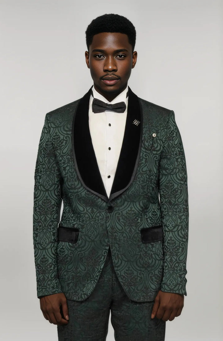 2 Piece Damask Patterned Velvet Shawl Collar Emerald Green Men's Tuxedo Suit - Wessi