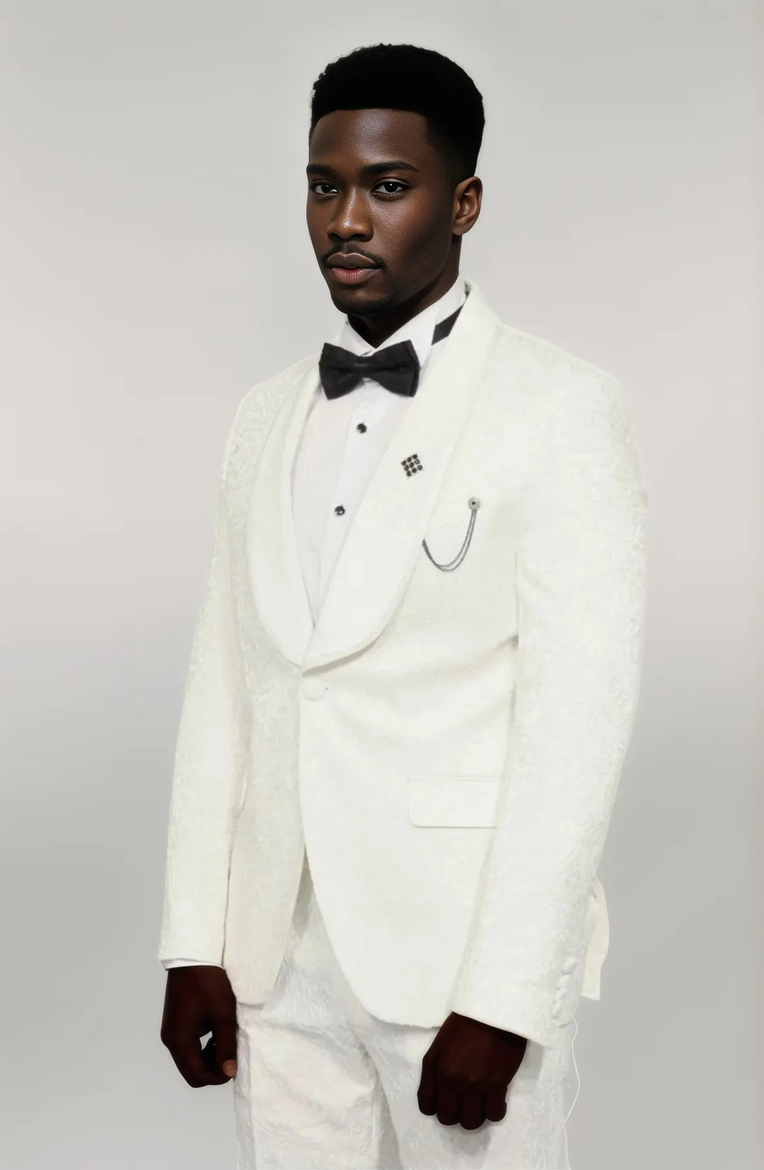 2 Piece Damask Patterned Velvet Shawl Collar White Men's Tuxedo Suit - Wessi