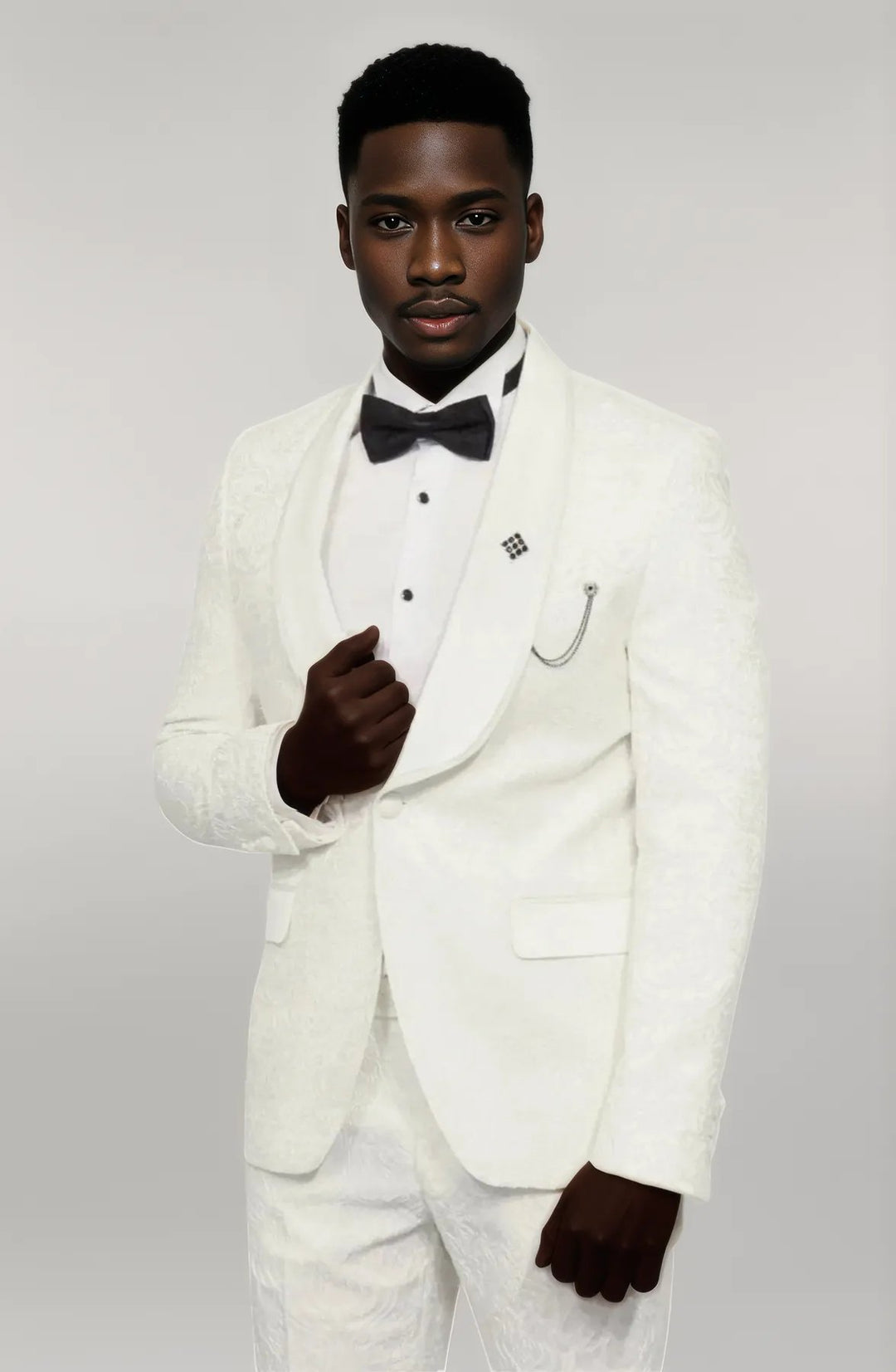 2 Piece Damask Patterned Velvet Shawl Collar White Men's Tuxedo Suit - Wessi