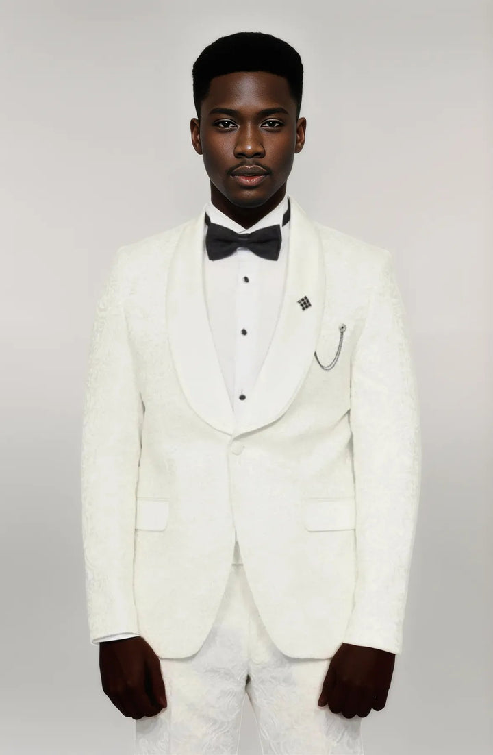 2 Piece Damask Patterned Velvet Shawl Collar White Men's Tuxedo Suit - Wessi