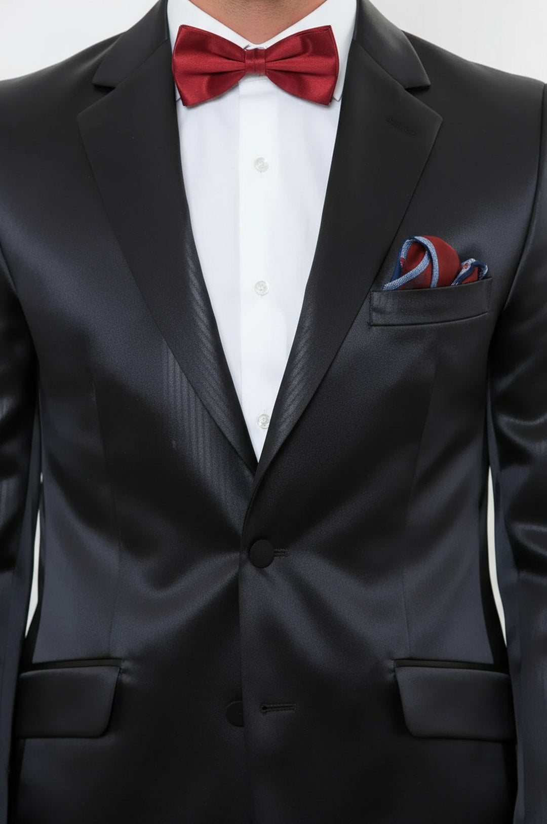 Abito da sposo uomo in raso nero a due pezzi con due bottoni e risvolto modellato