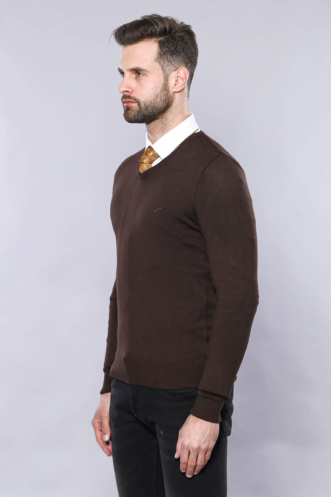 Slim Fit V Neck Long Sleeve Brown Men Knitwear