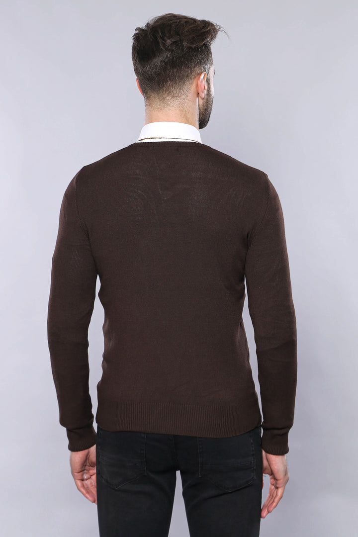 Slim Fit V Neck Long Sleeve Brown Men Knitwear