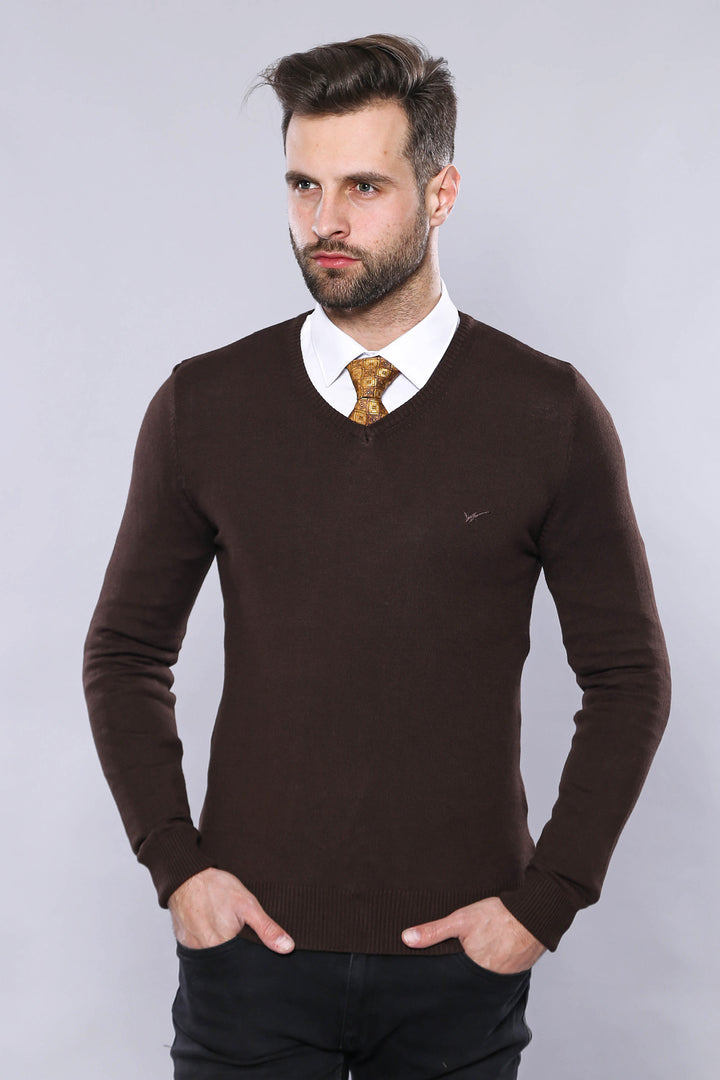 Slim Fit V Neck Long Sleeve Brown Men Knitwear