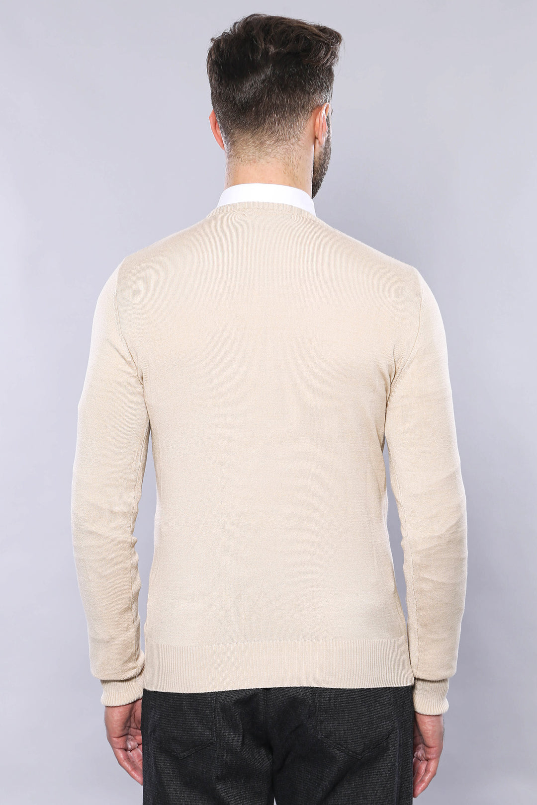 Slim Fit V Neck Long Sleeve Beige Men Knitwear