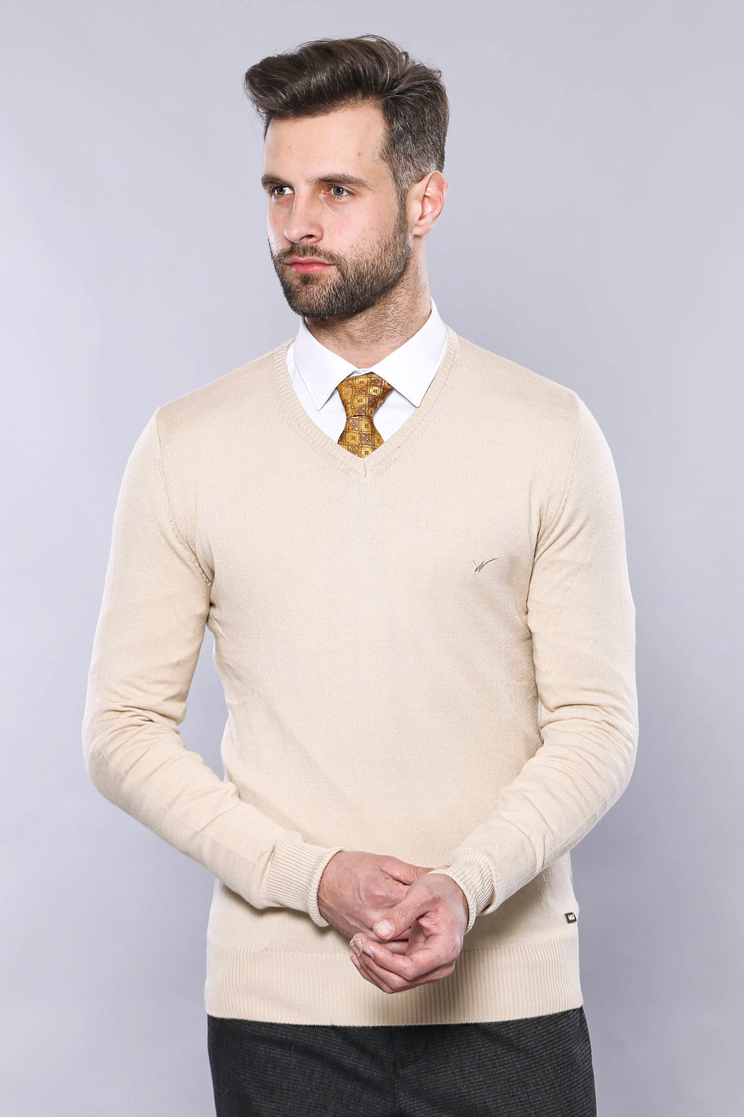 Slim Fit V Neck Long Sleeve Beige Men Knitwear