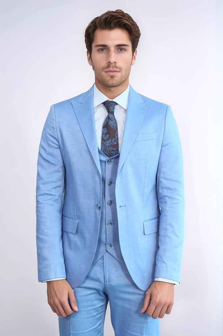 3 -Piece Single Button Peak Lapel Ice Blue Men Suit - Wessi