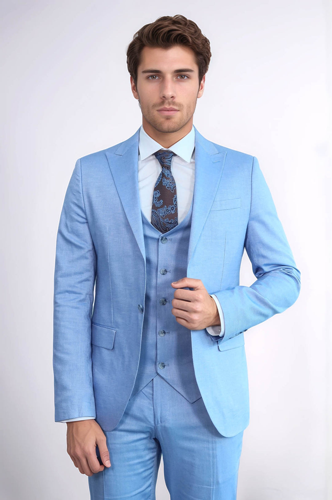 3 -Piece Single Button Peak Lapel Ice Blue Men Suit - Wessi