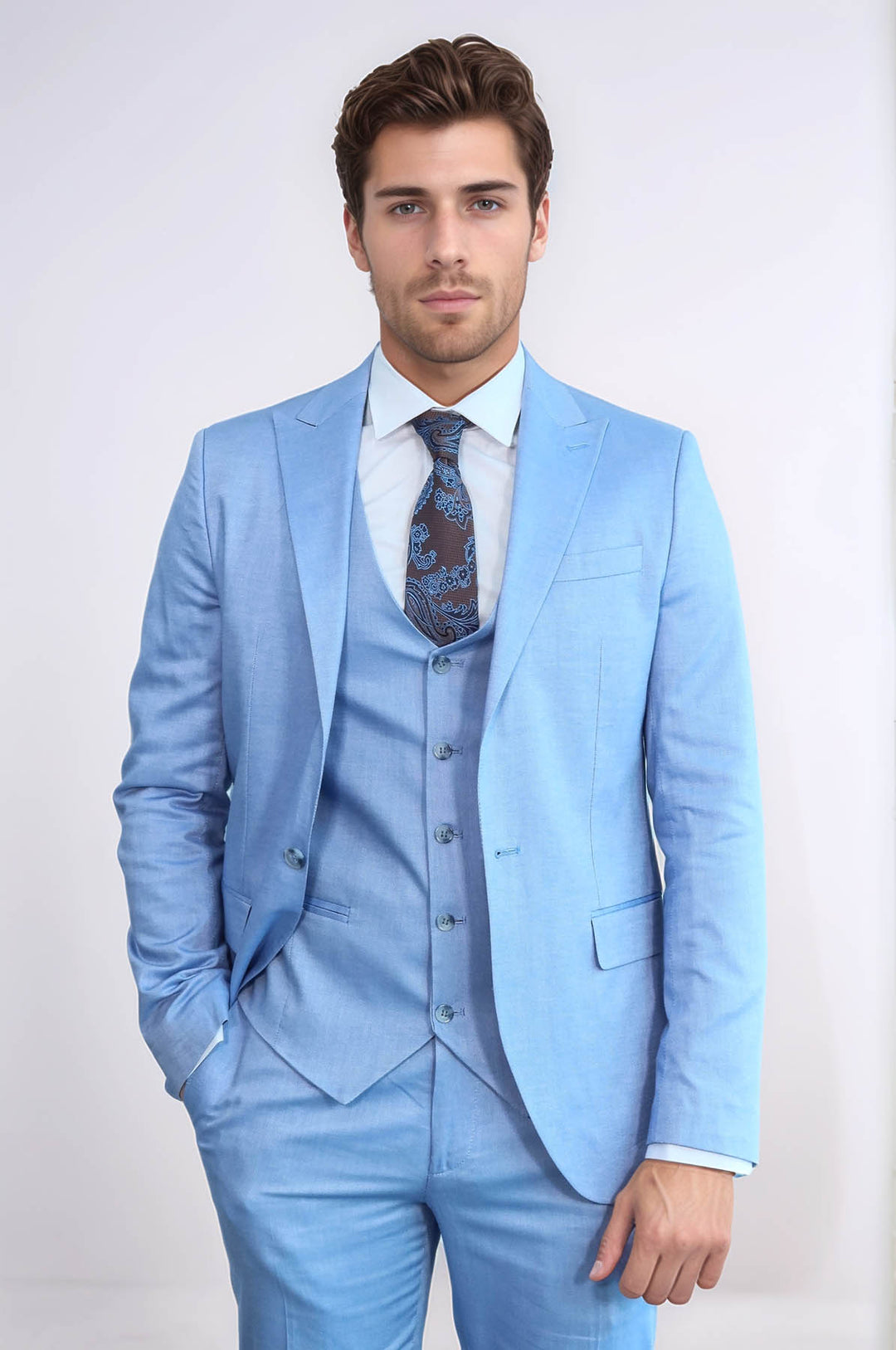 3 -Piece Single Button Peak Lapel Ice Blue Men Suit - Wessi