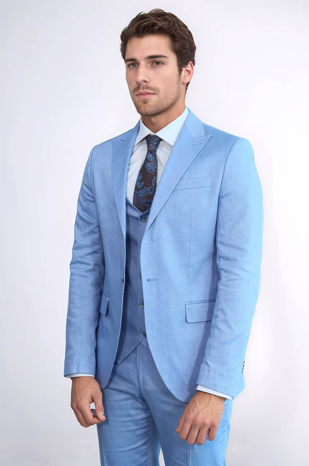 3 -Piece Single Button Peak Lapel Ice Blue Men Suit - Wessi