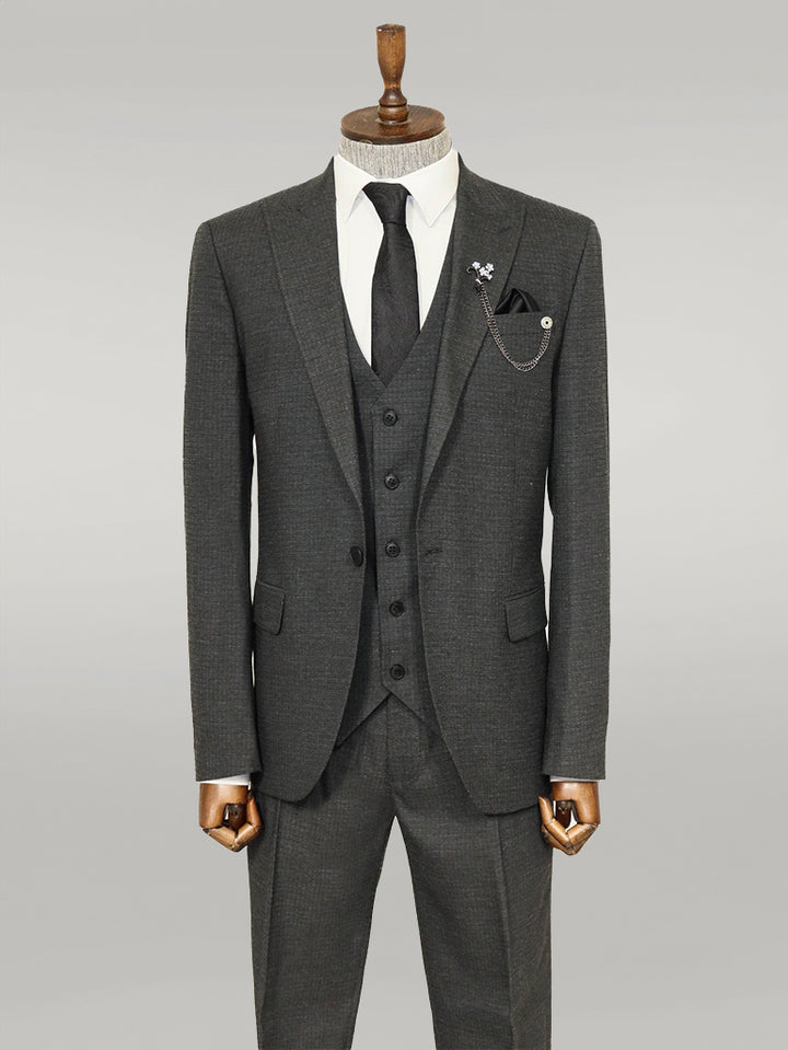 3 -Piece Single Button Peak Lapel Dark Grey Men Suit - Wessi