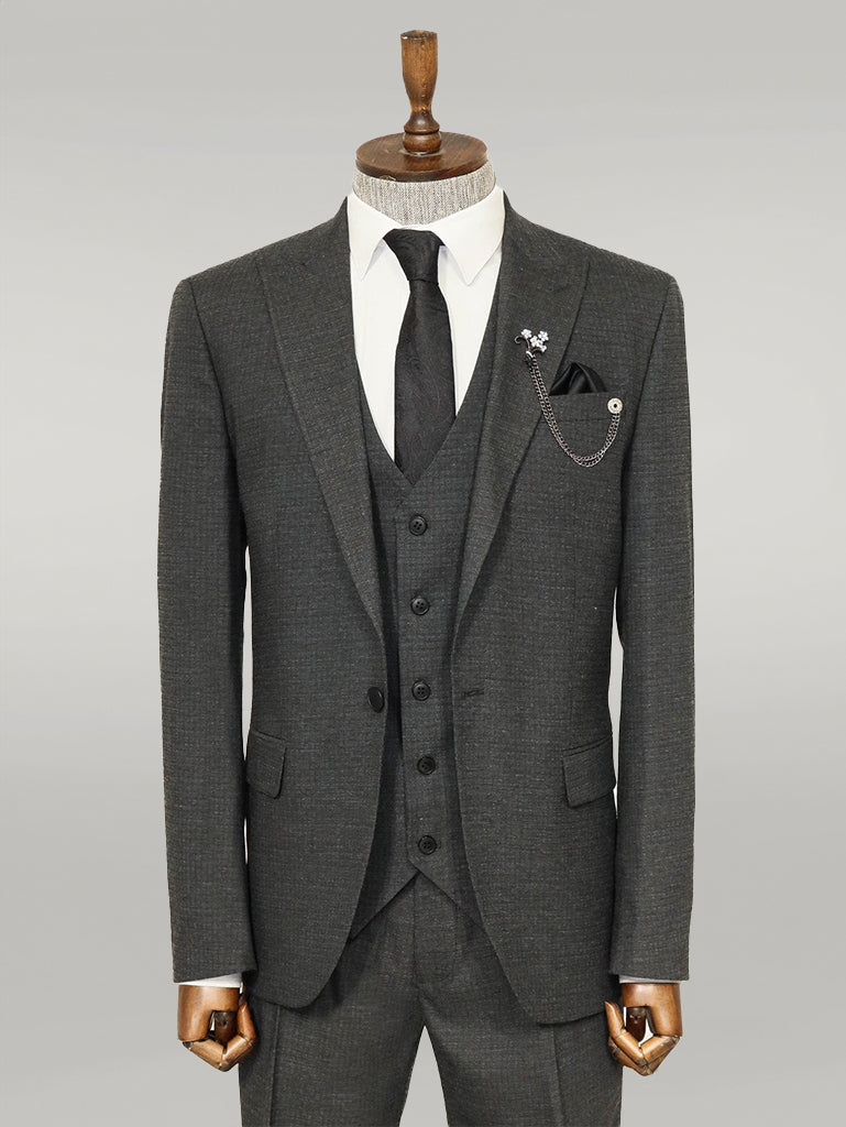 3 -Piece Single Button Peak Lapel Dark Grey Men Suit - Wessi