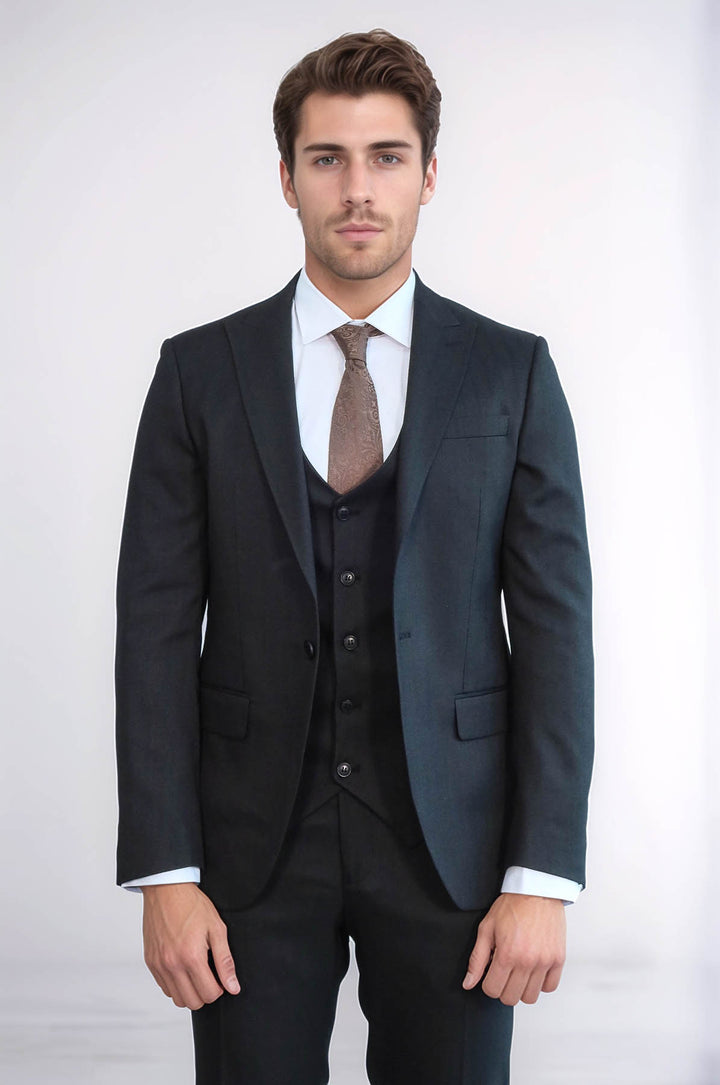 3 -Piece Single Button Peak Lapel Anthracite Men Suit - Wessi