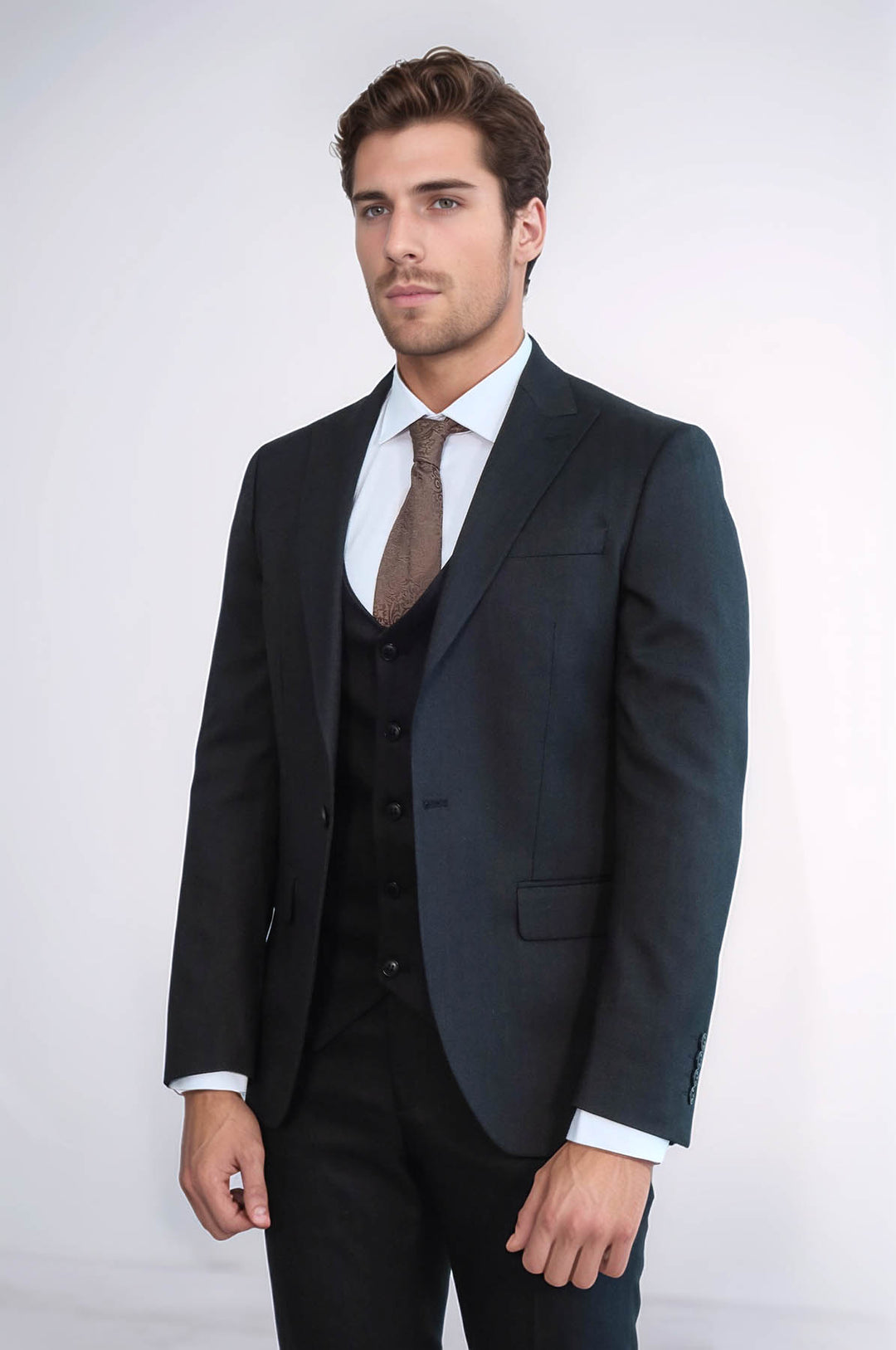 3 -Piece Single Button Peak Lapel Anthracite Men Suit - Wessi