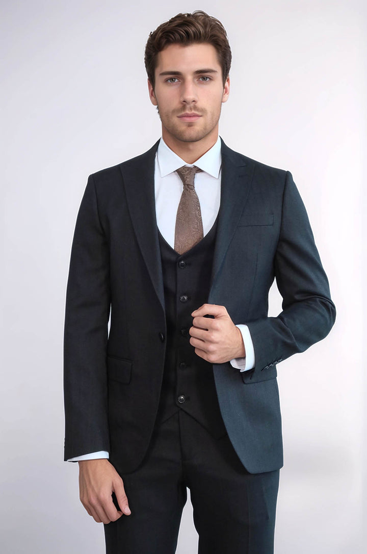 3 -Piece Single Button Peak Lapel Anthracite Men Suit - Wessi