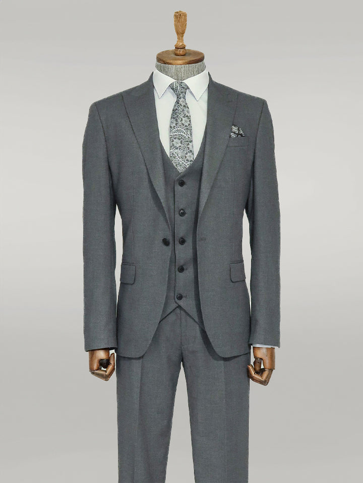 3 -Piece Single Button Peak Lapel Grey Men Suit - Wessi