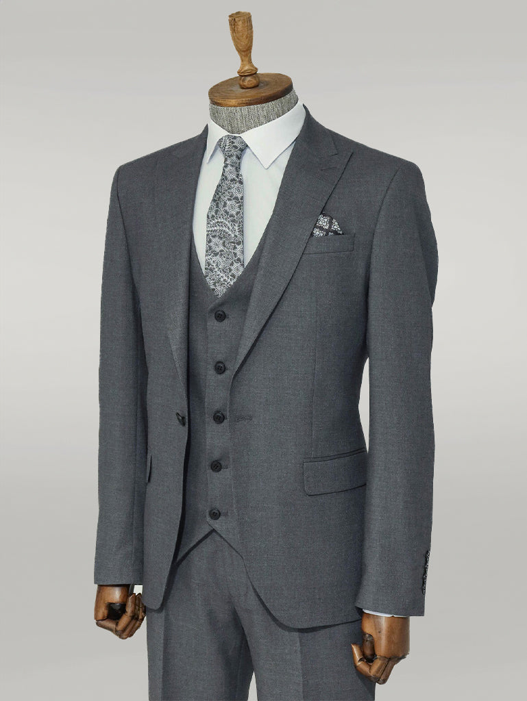 3 -Piece Single Button Peak Lapel Grey Men Suit - Wessi