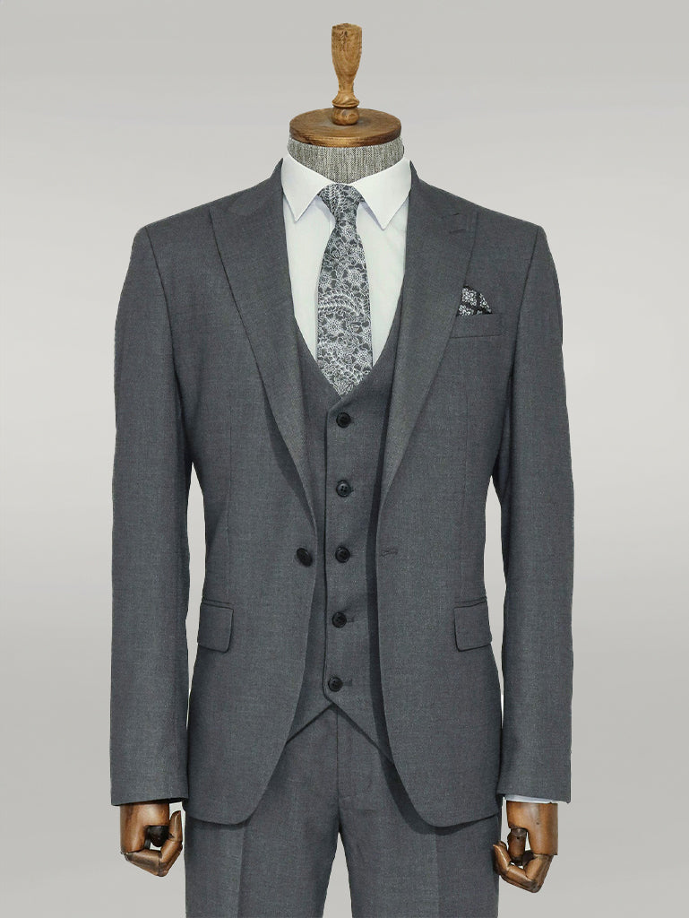 3 -Piece Single Button Peak Lapel Grey Men Suit - Wessi