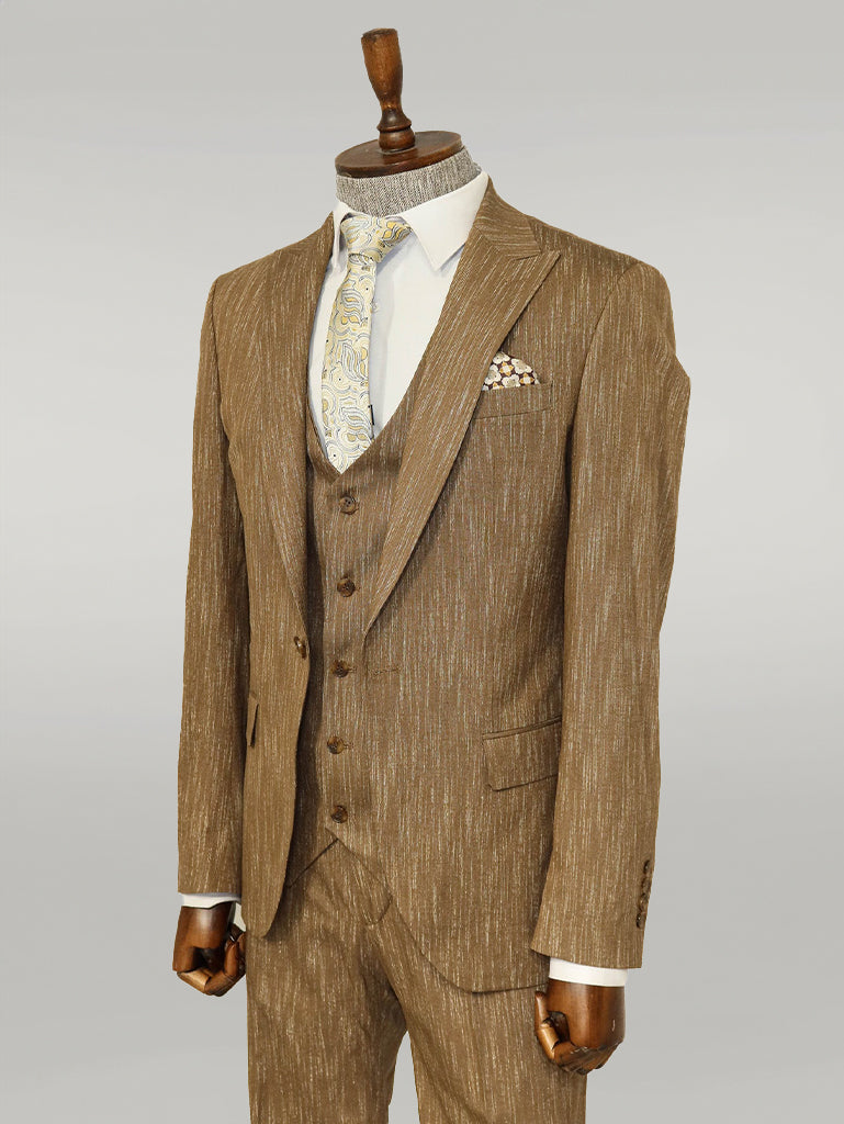 3 -Piece Single Button Peak Lapel Tan Men Suit - Wessi