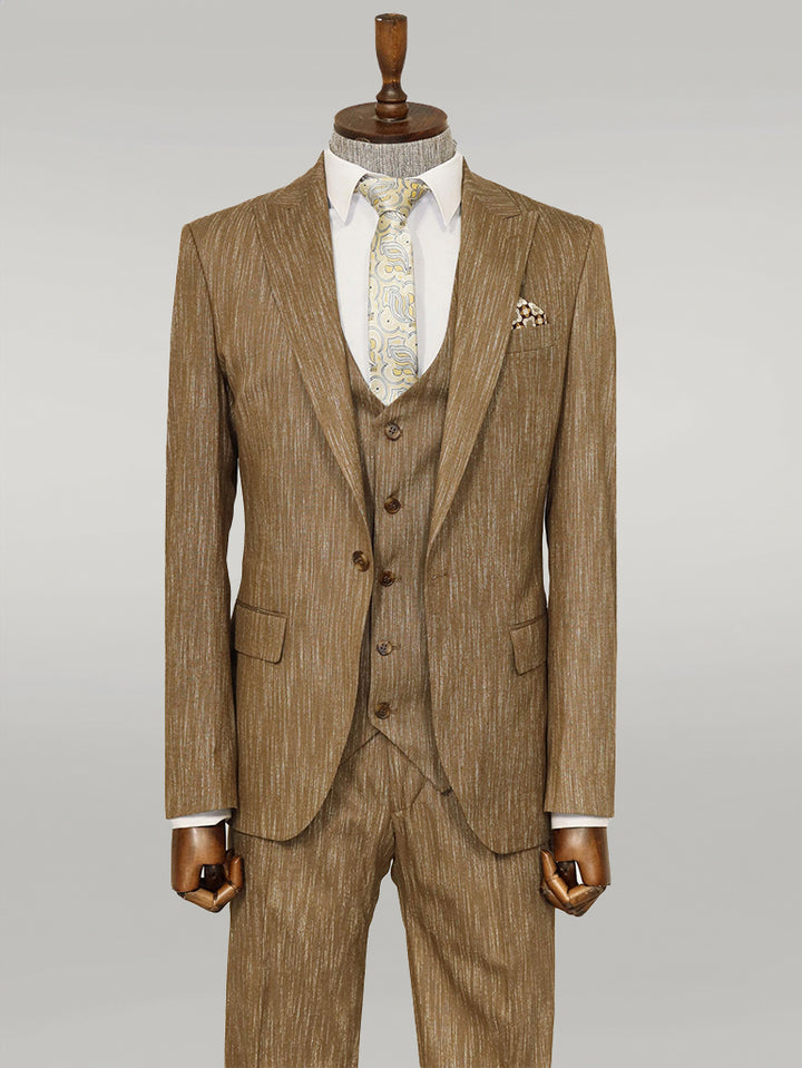 3 -Piece Single Button Peak Lapel Tan Men Suit - Wessi