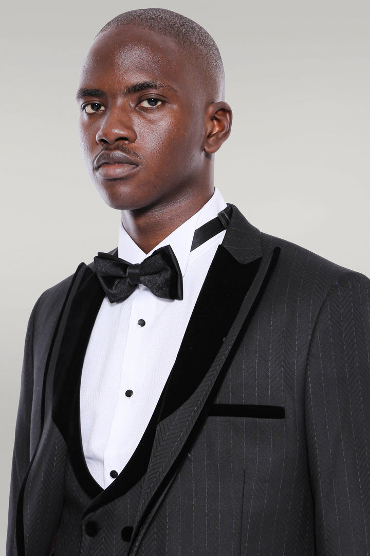 Velvet Lapel Striped Herringbone Black 3 Piece Tuxedo - Wessi