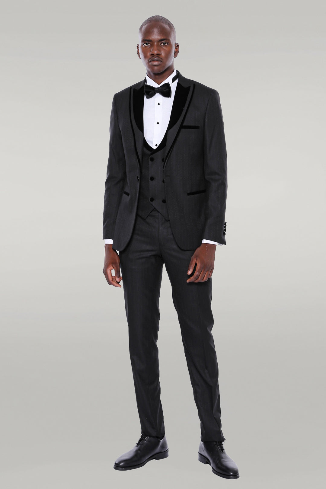 Velvet Lapel Striped Herringbone Black 3 Piece Tuxedo - Wessi