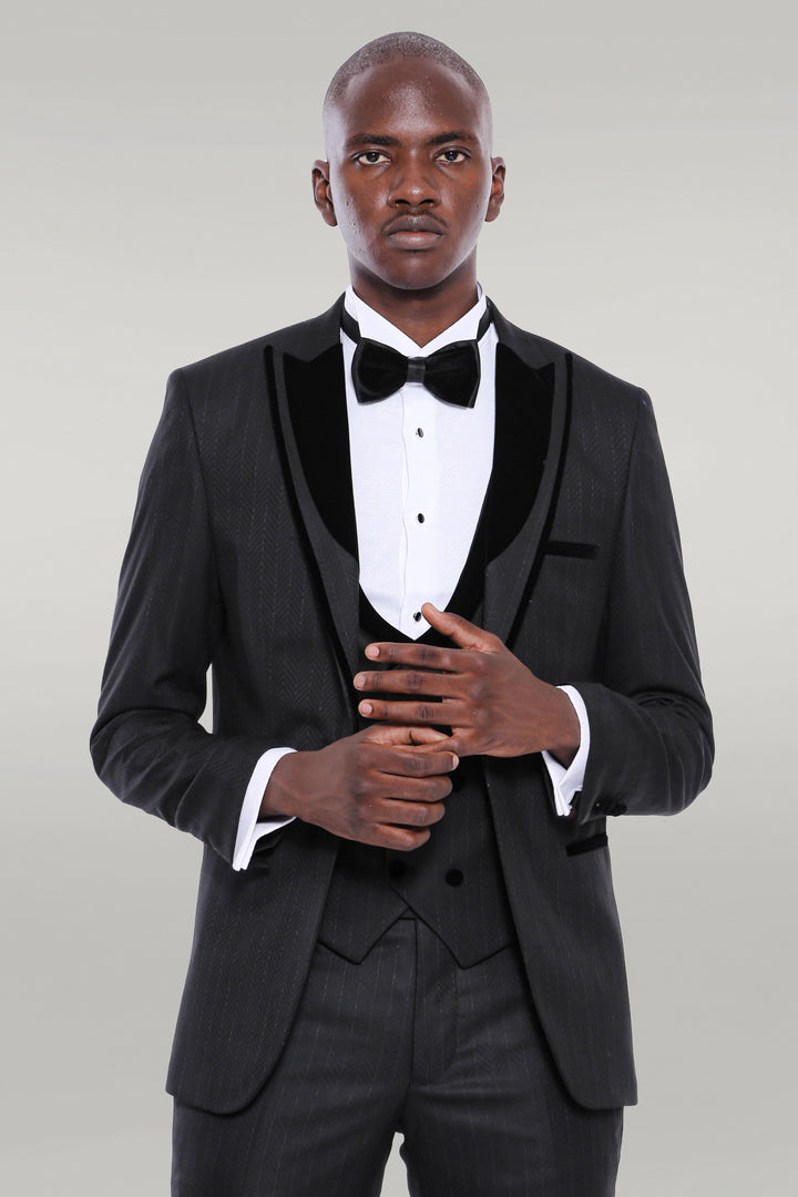 Velvet Lapel Striped Herringbone Black 3 Piece Tuxedo - Wessi