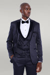 Velvet Lapel Patterned Navy Blue Tuxedo - Wessi