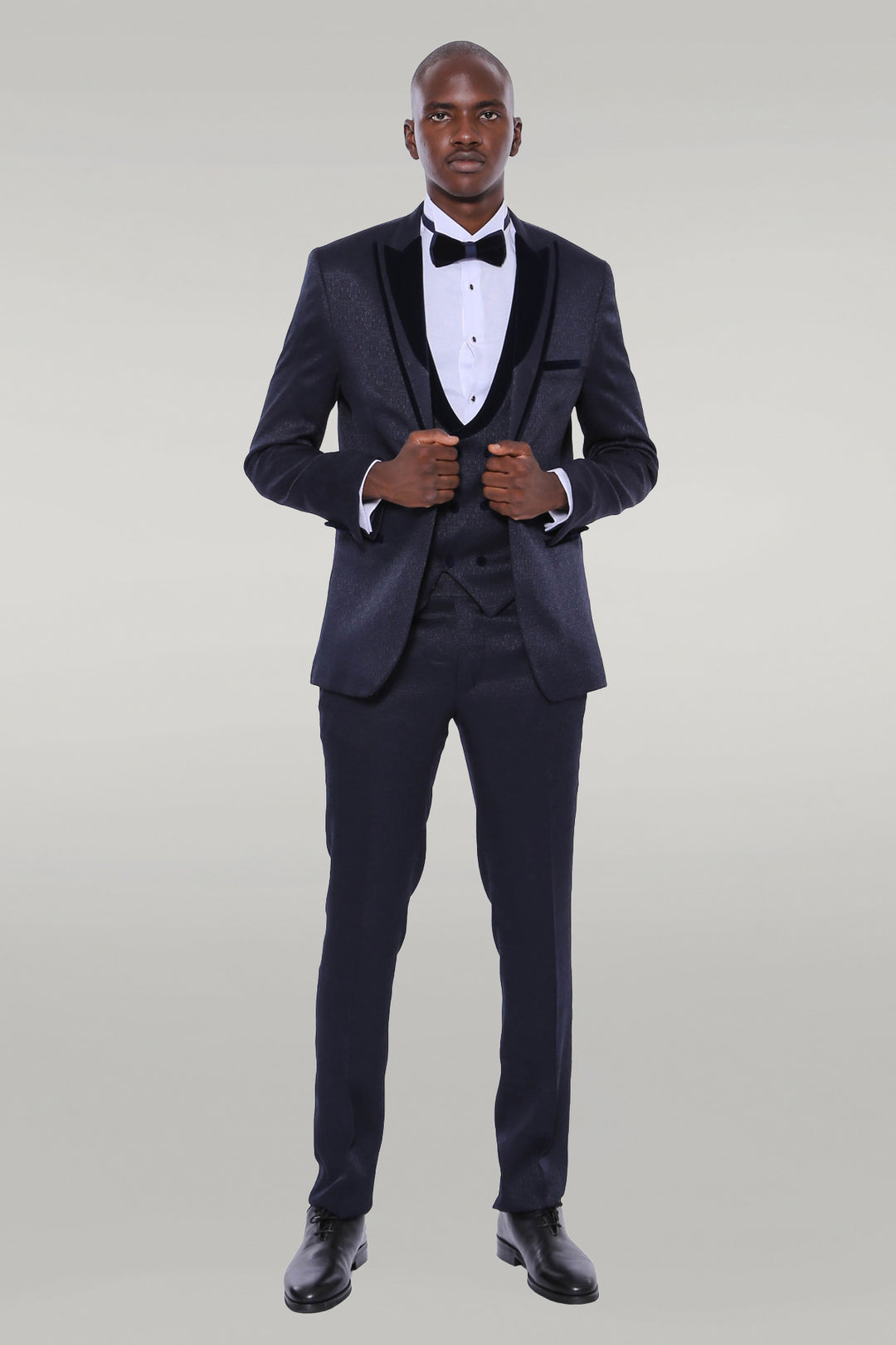 Velvet Lapel Patterned Navy Blue Tuxedo - Wessi