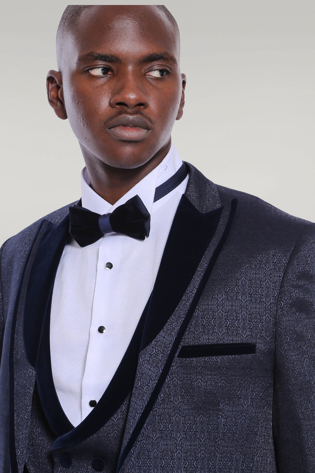 Velvet Lapel Patterned Navy Blue Tuxedo - Wessi