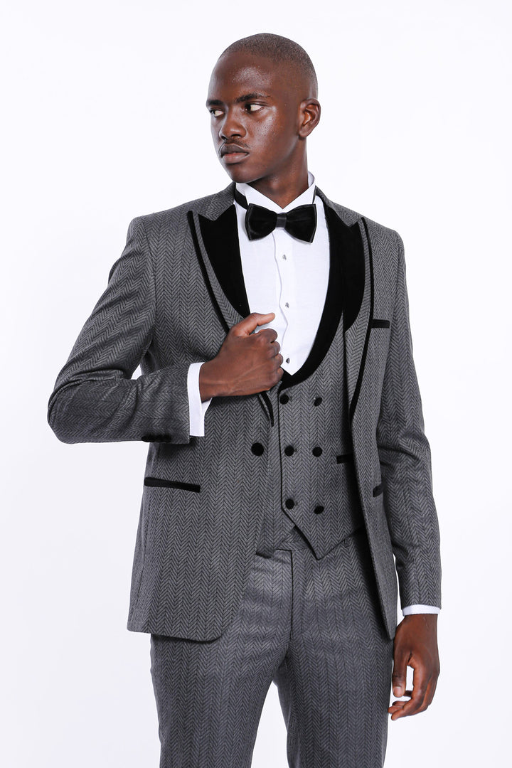 Patterned Velvet Lapel Smoked Men Tuxedo - Wessi