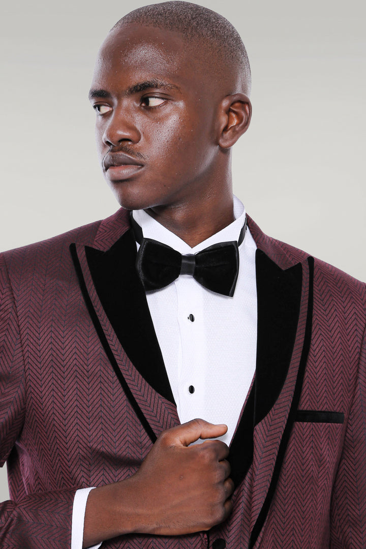 Velvet Lapel Patterned Vested Burgundy Men Tuxedo - Wessi