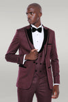 Smoking da uomo bordeaux con gilet fantasia in velluto con risvolto - Wessi