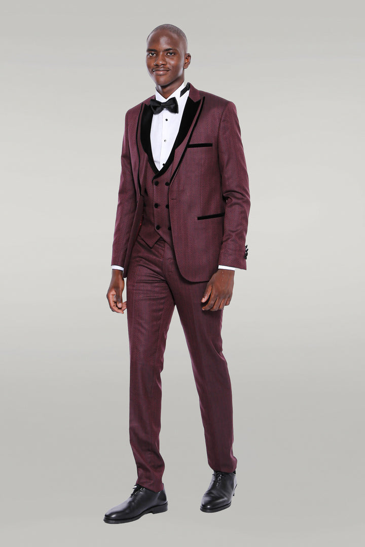 Velvet Lapel Patterned Vested Burgundy Men Tuxedo - Wessi