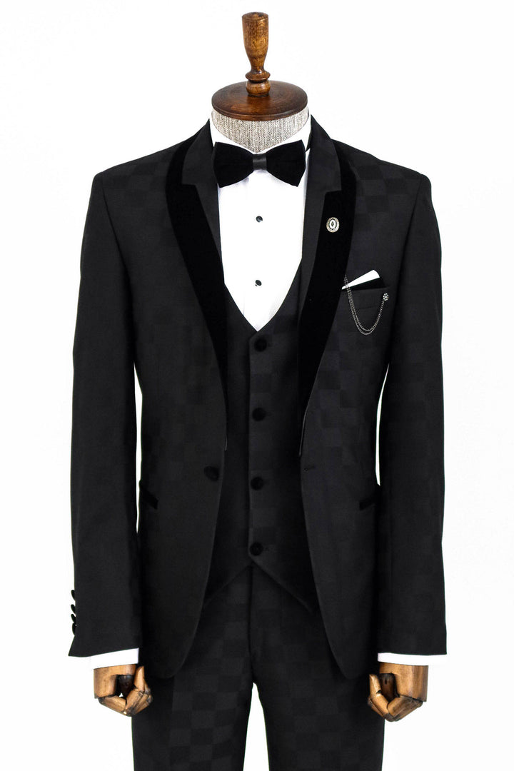 Plaid Slim Fit Black Men Tuxedo  - Wessi