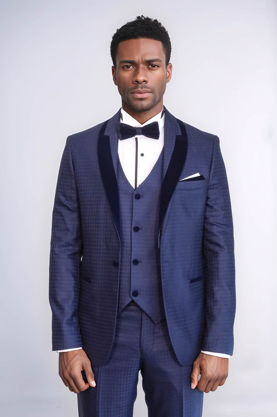 Patterned Velvet Lapel Navy Blue Men Tuxedo - Wessi