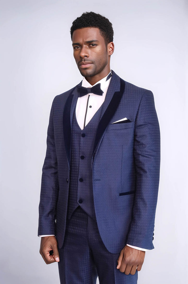 Patterned Velvet Lapel Navy Blue Men Tuxedo - Wessi